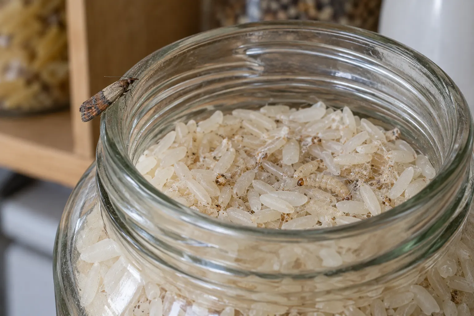 Пищевая моль на краю банки с рисом, в крупе гусеницы и паутинка