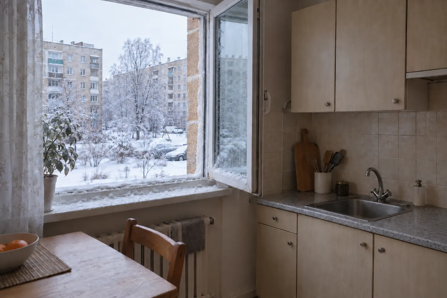 Кухня зимой: окно распахнуто настежь, на подоконнике иней, за окном снег и двор многоэтажки